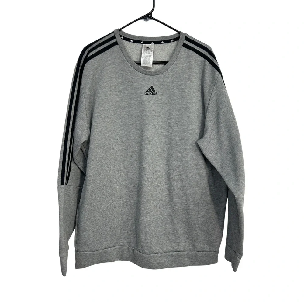 Adidas 3 Stripe Crewneck Sweatshirt XL Gray Fleece Lined Athletic Pullover